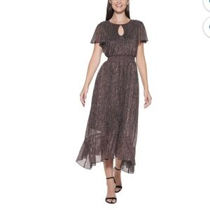 Kensie Black and Bronze Metallic Smocked Midi Dress Small